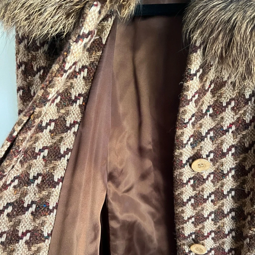 Marvin Richards VTG NEW Houndstooth Wool Coat with Fox Fur Collar Size 10 - Picture 10 of 14